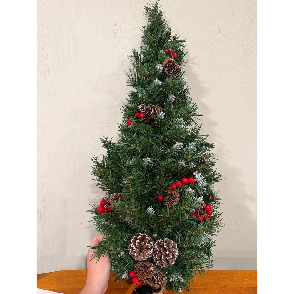 Pre-Lit Corner Christmas Tree 32" Pinecones Red Berries Flocked Battery
